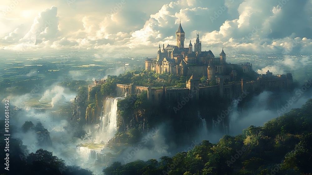Fototapeta premium Fantasy castle on a cliff with a waterfall and clouds. Majestic, magical, epic landscape art.