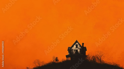 Haunted House Silhouette on Orange Background