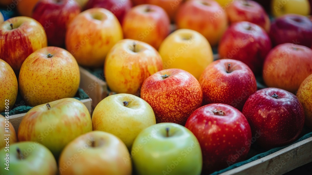 Assortment of fresh apples in crates at market Assortment of fresh apples in crates at market