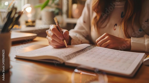 Wallpaper Mural A woman is writing in a spiral bound notebook with a pen on a wooden table. Torontodigital.ca