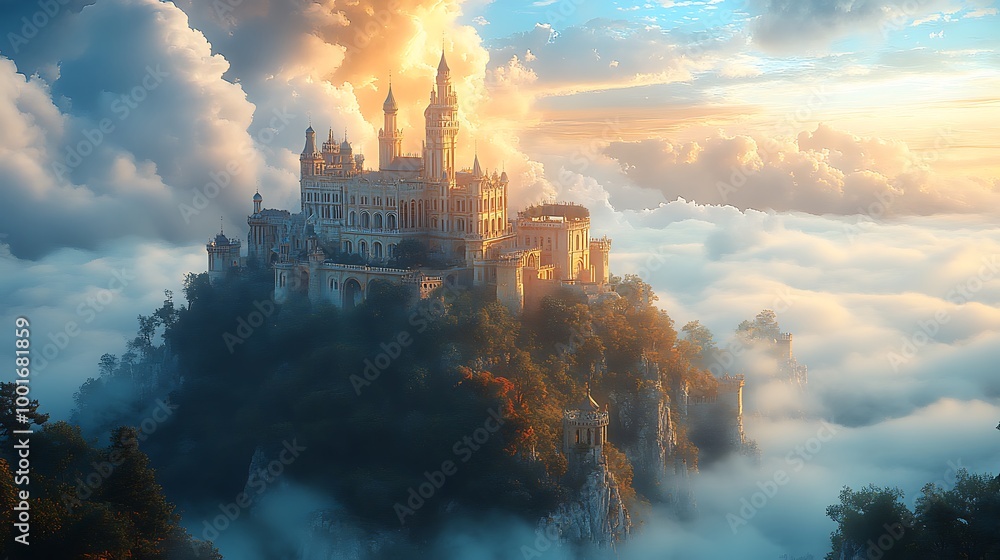 Fantasy castle on a mountaintop surrounded by clouds at sunset Fantasy castle on a mountaintop surrounded by clouds at sunset