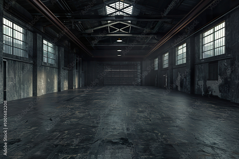 A large, empty warehouse with a lot of windows., A large, empty warehouse with a lot of windows.,