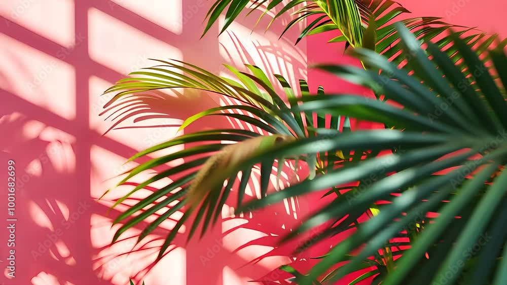 Vibrant Green Palm Leaves Casting Shadows Against a Bright Pink Wall in a Minimalist Tropical Sunlit Setting Vibrant Green Palm Leaves Casting Shadows Against a Bright Pink Wall in a Minimalist Tropical Sunlit Setting