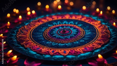 Decorative Mandala With Colorful Patterns and Candles Illuminated in a Serene Setting During a Festive Evening