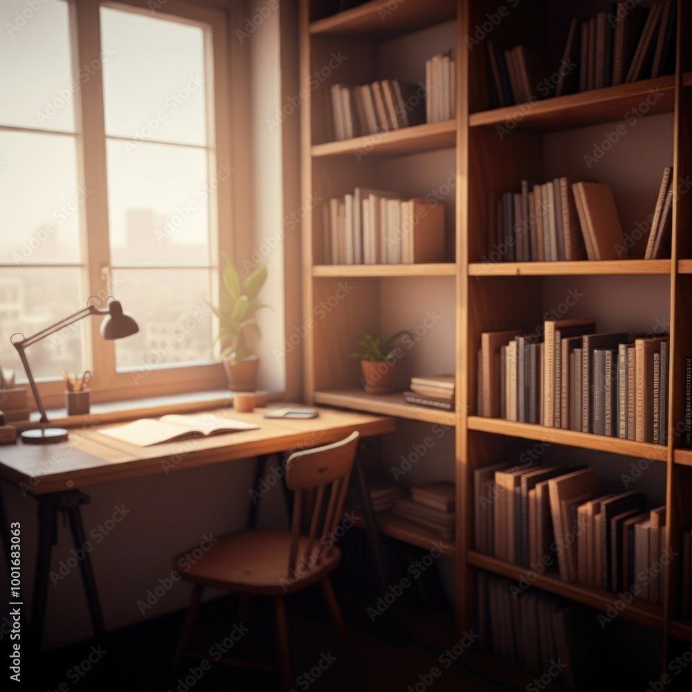 A cozy office corner with bookshelves, natural light, and a clutter-free desk, creating a relaxed and creative work environment. Blur and field of depth done on purpose and intentionally A cozy office corner with bookshelves, natural light, and a clutter-free desk, creating a relaxed and creative work environment. Blur and field of depth done on purpose and intentionally