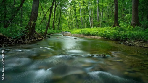 A tranquil stream flows through a lush, green forest, its water creating smooth, flowing patterns.