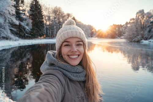 A smiling woman taking a selfie in a winter landscape by a lake, with a bright sun in the background. The joyful mood and scenic setting emphasize happiness and the beauty of winter.