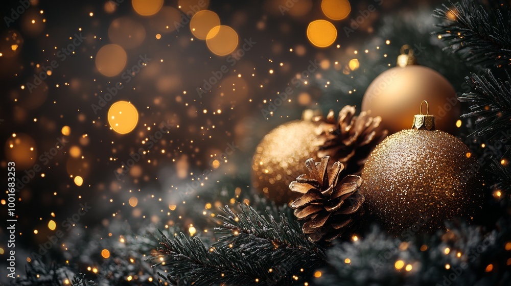 Christmas and New Year holidays background. Christmas tree with golden baubles and lights bokeh background. Space for text. Copy space. Greeting card. Christmas and New Year holidays background. Christmas tree with golden baubles and lights bokeh background. Space for text. Copy space. Greeting card.