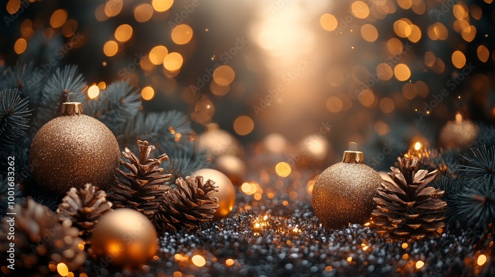 Christmas and New Year holidays background. Christmas tree with golden baubles and lights bokeh background. Space for text. Copy space. Greeting card. Christmas and New Year holidays background. Christmas tree with golden baubles and lights bokeh background. Space for text. Copy space. Greeting card.