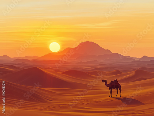 Camel walking through sand dunes at sunset