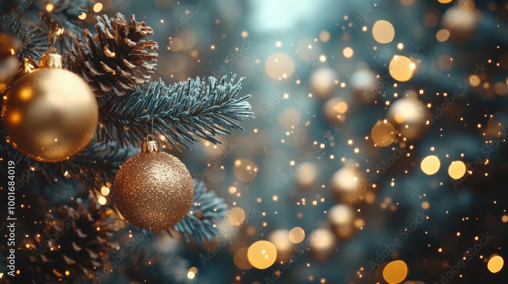 Christmas and New Year holidays background. Christmas tree with golden baubles and lights bokeh background. Space for text. Copy space. Greeting card. Christmas and New Year holidays background. Christmas tree with golden baubles and lights bokeh background. Space for text. Copy space. Greeting card.