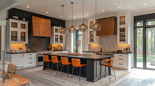 Modern kitchen interior design with white and black cabinets, orange accents and large island.