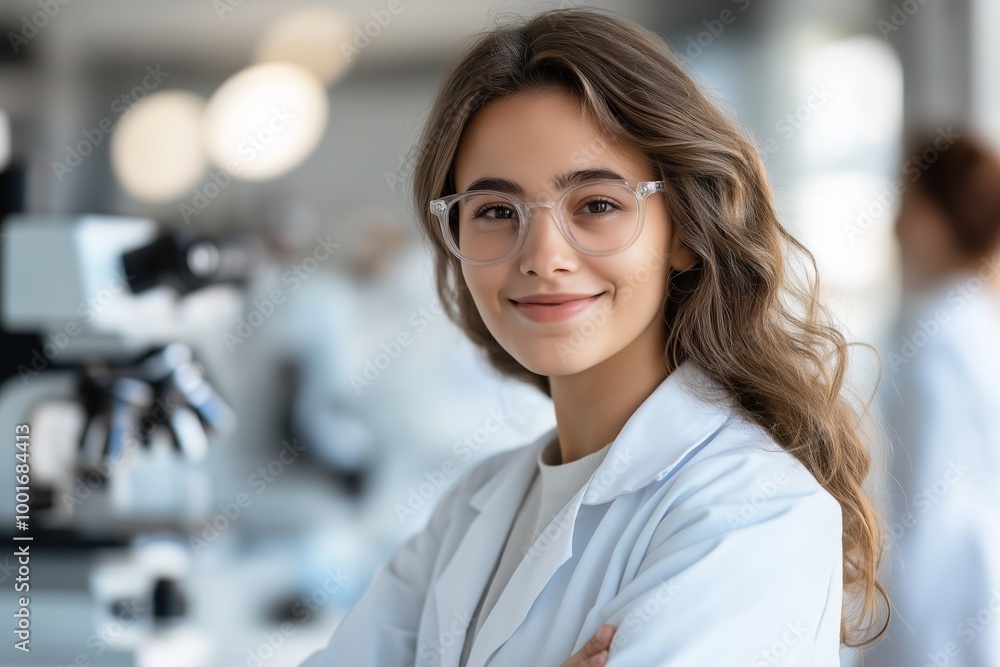 Portrait of a Smiling Female Scientist in Laboratory Wearing Glasses and Lab Coat Portrait of a Smiling Female Scientist in Laboratory Wearing Glasses and Lab Coat