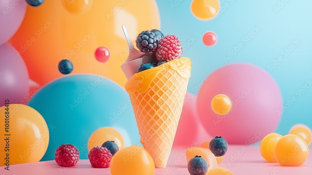 Colorful ice cream cone with berries and playful background Colorful ice cream cone with berries and playful background