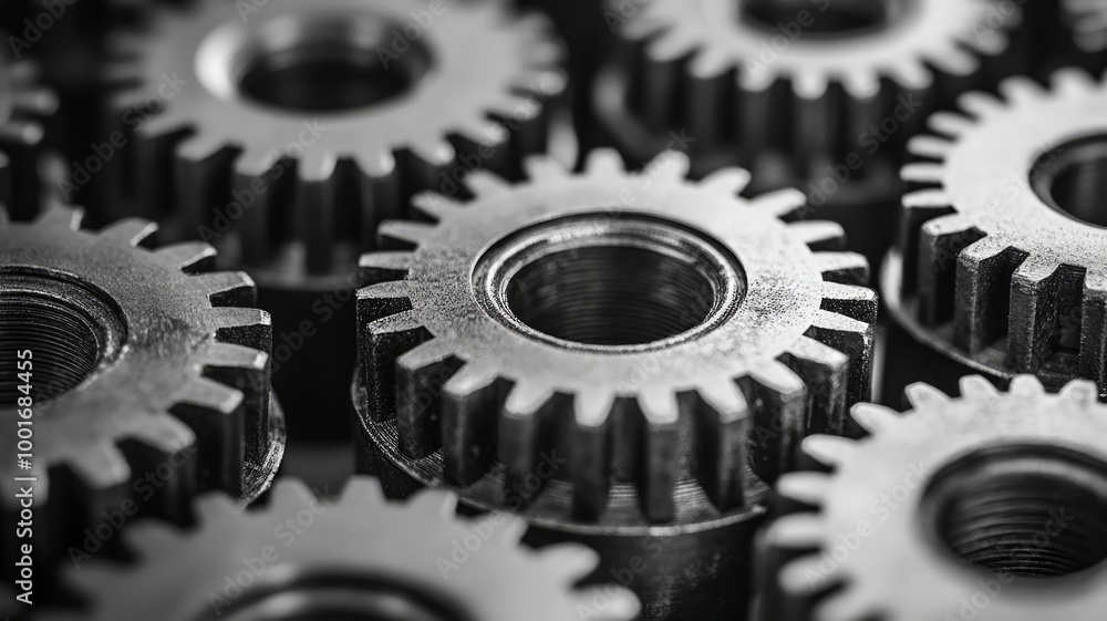 Metal gears in black and white industrial setting Metal gears in black and white industrial setting