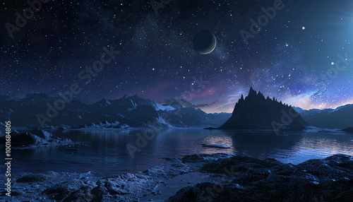 Fantastical planet world landscape, new worlds, fantasy concept art background with copy space