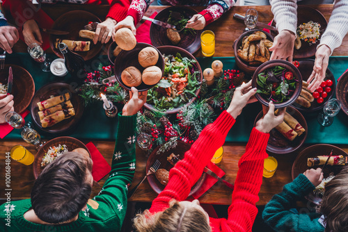 Εκτύπωση καμβά High angle view cropped photo of group family members eat food table gather cele