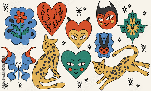 A set of bright, fancy stickers. Plants, leopard, heart, face, demon, butterfly, cat, plants. Tattoo sketch, vector illustration. Boho-hippie style.