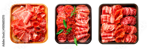 A set of three different cured meat assortments, including prosciutto and salami, garnished with fresh herbs and cherry tomatoes, served on various plates, isolated on a transparent background. photo