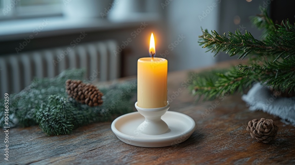 Cozy Lit Candle on Wooden Table with Pine Cones and Greenery in a Winter Holiday Setting Cozy Lit Candle on Wooden Table with Pine Cones and Greenery in a Winter Holiday Setting