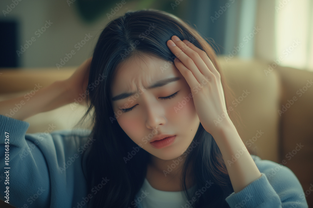 Young woman holding head in pain, feeling stressed and experiencing a headache, symbolizing physical discomfort, emotional strain, and mental health issues Young woman holding head in pain, feeling stressed and experiencing a headache, symbolizing physical discomfort, emotional strain, and mental health issues
