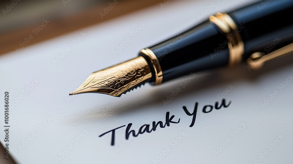 Fototapeta premium A minimalist thank you note elegantly written on a white table, captured with focus stacking techniques to highlight the text and pen in sharp detail