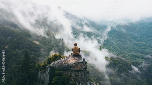 Man on top of a rock contemplating misty mountain view atop fog-covered forest. One with nature scene.