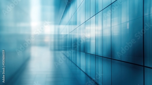 A serene and modern corridor with translucent glass walls reflecting soft blue hues.