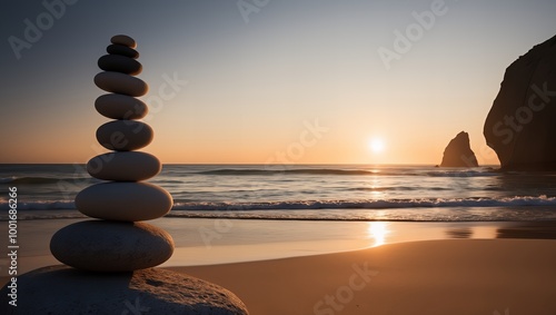 Tranquil Landscape of a beach at sunset. The horizon where the sun sets, casting a warm golden glow across the sky and reflecting off the calm ocean waves. photo