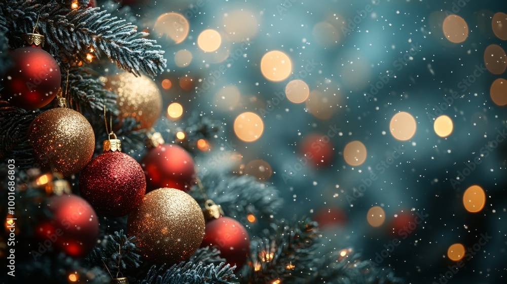 Christmas and New Year holidays background. Christmas tree with golden baubles and lights bokeh background. Space for text. Copy space. Greeting card. Christmas and New Year holidays background. Christmas tree with golden baubles and lights bokeh background. Space for text. Copy space. Greeting card.