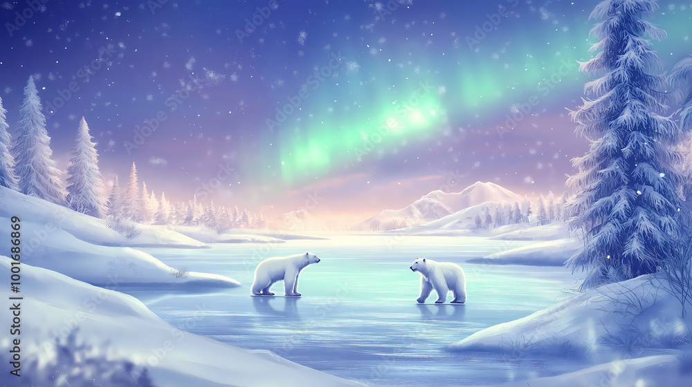 Two Polar Bears in a Snowy Landscape Under the Northern Lights. Two Polar Bears in a Snowy Landscape Under the Northern Lights.