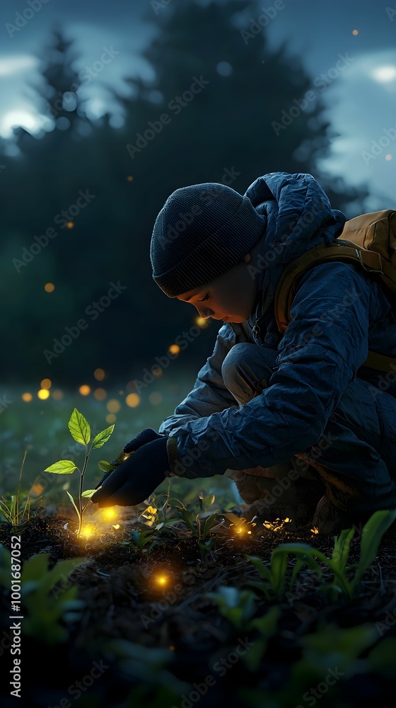A young boy is planting a seedling in the dirt A young boy is planting a seedling in the dirt