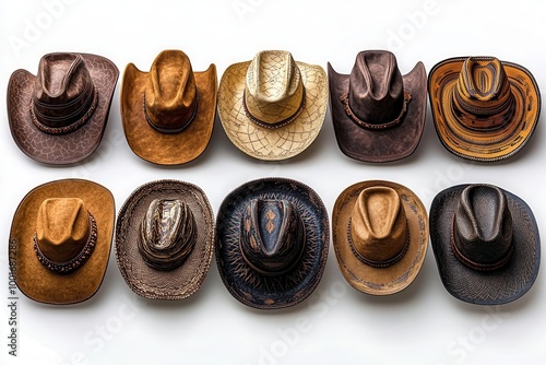 collection of brown cowboy hats isolated against a white background showcasing their unique styles and textures perfect for a diverse range of westernthemed concepts photo