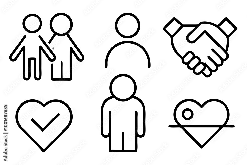 Friendship and love line icons. Interaction, Mutual understanding and assistance business. Trust handshake, social responsibility icons. Linear set. Quality line set. Vector Friendship and love line icons. Interaction, Mutual understanding and assistance business. Trust handshake, social responsibility icons. Linear set. Quality line set. Vector