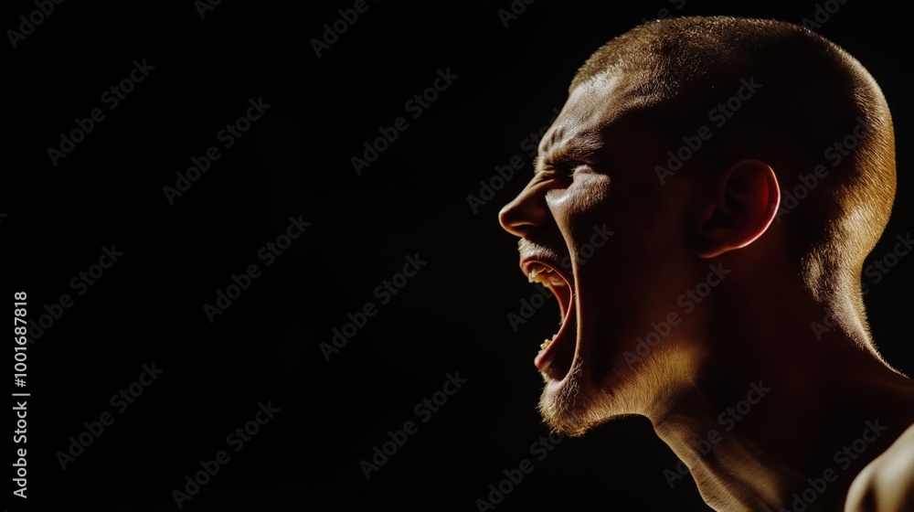 Side view of angry man shouting against black background Side view of angry man shouting against black background