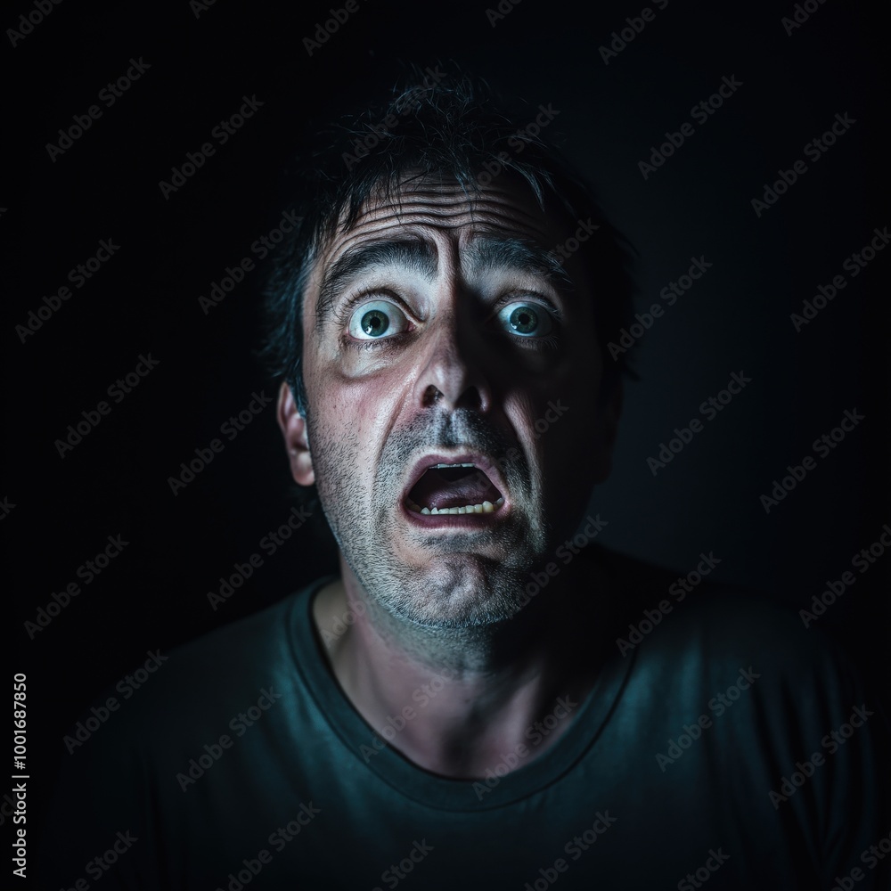 Frightened man with a shocked expression in a dark atmosphere Frightened man with a shocked expression in a dark atmosphere