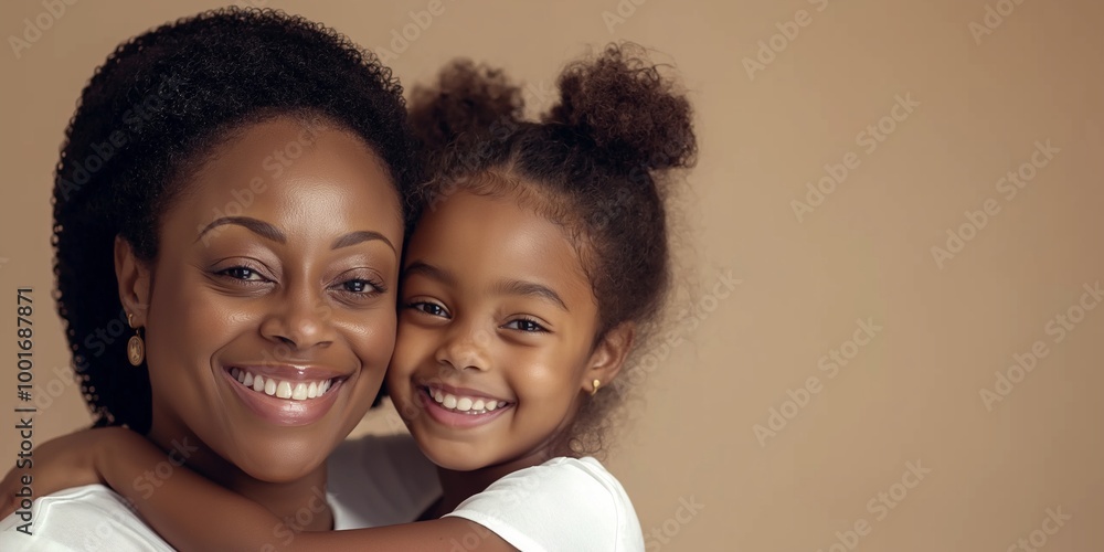 Beautiful African American mother and daughter smiling with affection against a warm beige background, celebrating family love, Mother's Day and connection Beautiful African American mother and daughter smiling with affection against a warm beige background, celebrating family love, Mother's Day and connection