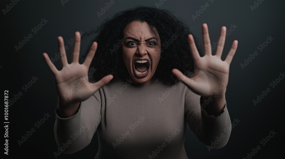 Angry woman screaming with hands raised against a dark background Angry woman screaming with hands raised against a dark background