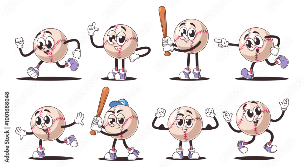 Set Cartoon Retro Baseball Ball Characters Displaying Various Fun And Energetic Poses, Different Movements And Gestures Set Cartoon Retro Baseball Ball Characters Displaying Various Fun And Energetic Poses, Different Movements And Gestures