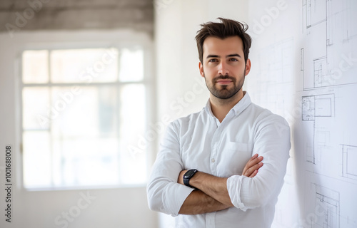 A confident male architect stands in front of blueprints and architectural drawings.