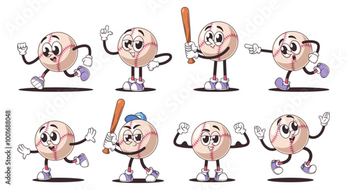 Set Cartoon Retro Baseball Ball Characters Displaying Various Fun And Energetic Poses, Different Movements And Gestures