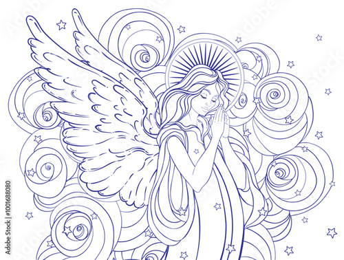 Angel girl with wings, cross, roses and halo. Isolated hand drawn vector illustration. Trendy Vintage style element. Spirituality, occultism, alchemy, magic.