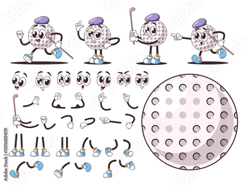 Creative Retro Cartoon Golf Ball Characters With Various Emotions And Accessories Including Hats, Gloves, And Clubs