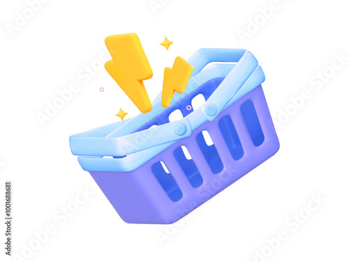 3D icon of a purple grocery basket with stars and a flash sale symbol. For online e-commerce shops, discounts, and supermarket promotions. Vector illustration