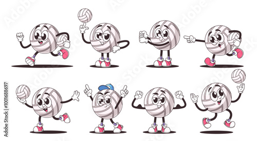 Set Of Cartoon Volleyball Characters In Various Poses And Expressions. Vector Illustration of Retro Style Sports Ball