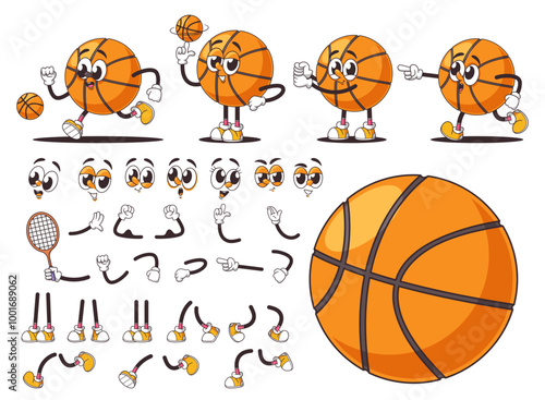 Collection Of Retro Cartoon Basketball Characters Featuring Emotions And Playful Poses. Includes Various Expressions