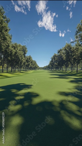 Daylight on a green golf course under a blue sky