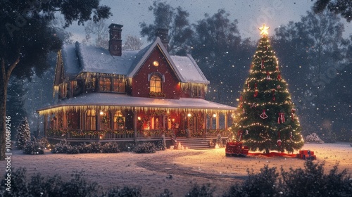 A festive Christmas house illuminated by a tree at night in the snow