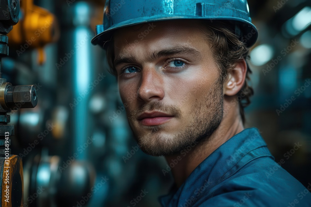 confident engineer in a protective hard hat stands at a factory station surrounded by machinery wearing a focused expression amidst a backdrop of industry and innovation confident engineer in a protective hard hat stands at a factory station surrounded by machinery wearing a focused expression amidst a backdrop of industry and innovation