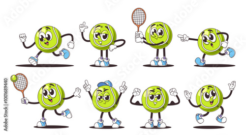 Set Of Cartoon Retro Tennis Balls Displaying Different Sporty Actions And Emotions, Showcasing Vibrant Facial Features
